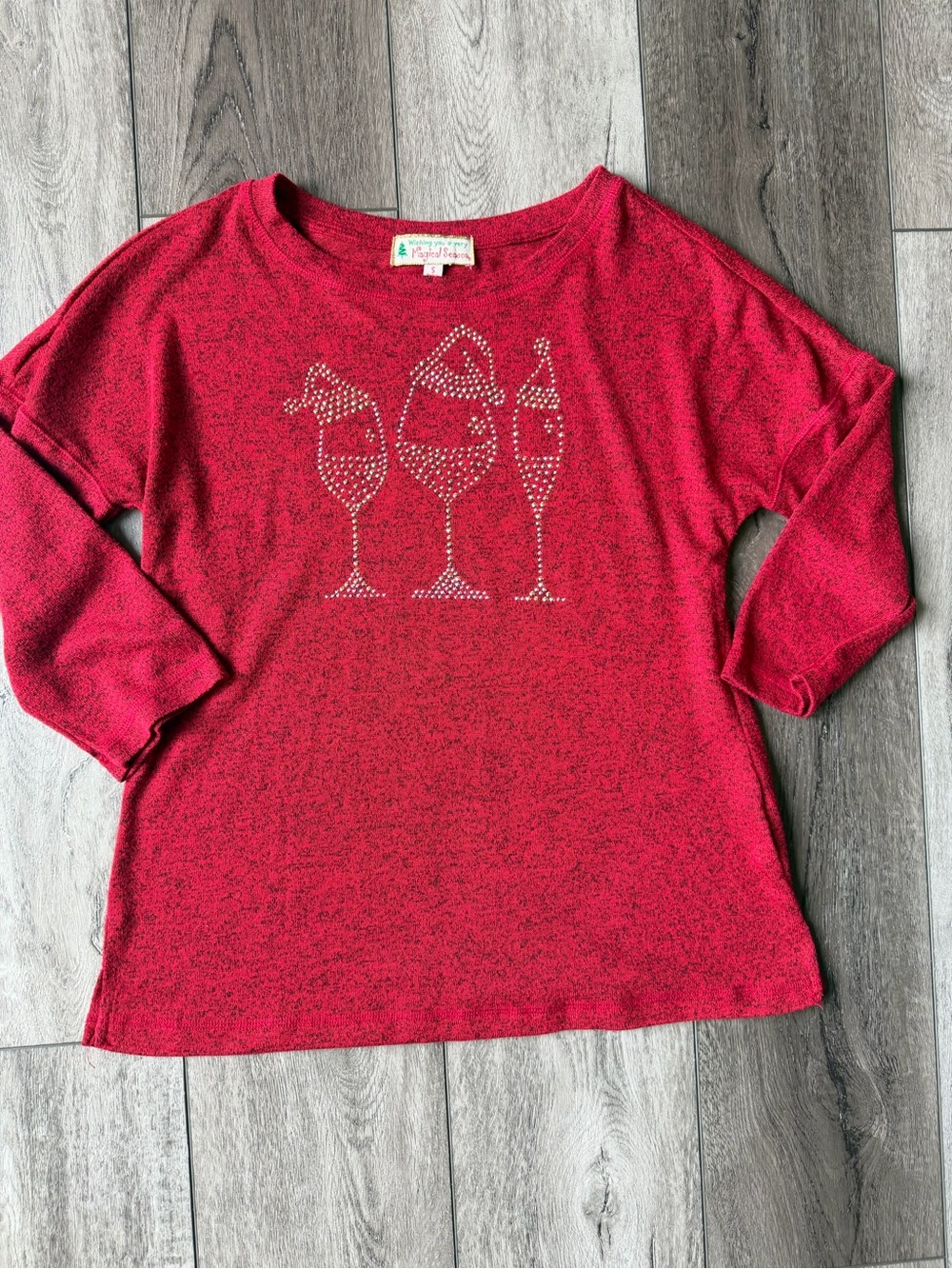 Cozy Red Holiday Rhinestone Wine Glass Sweater Top